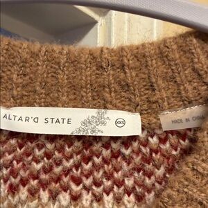 Altar'd State Cozy Knit Sweater in Tan and Red- cardigan